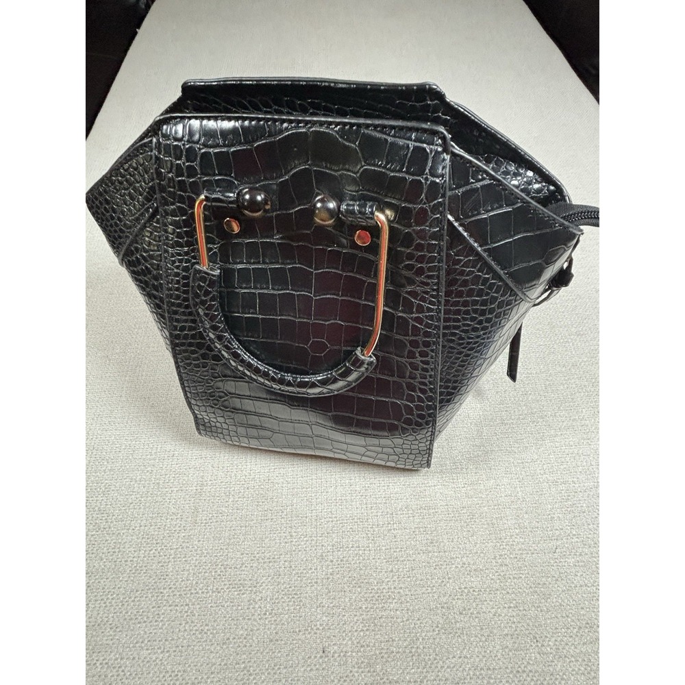 Black Croc Embossed Satchel Handbag Gold Hardware Top Handle Purse